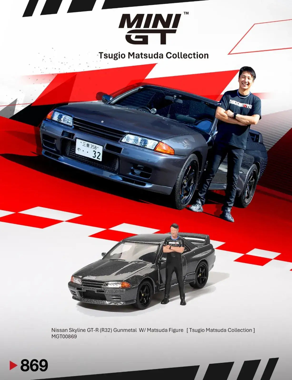 Mini GT Mini GT #869 1:64 Scale Nissan Skyline GT-R (R32) Nismo Gunmetal W/ Matsuda Figure Tsugio Matsuda Collection