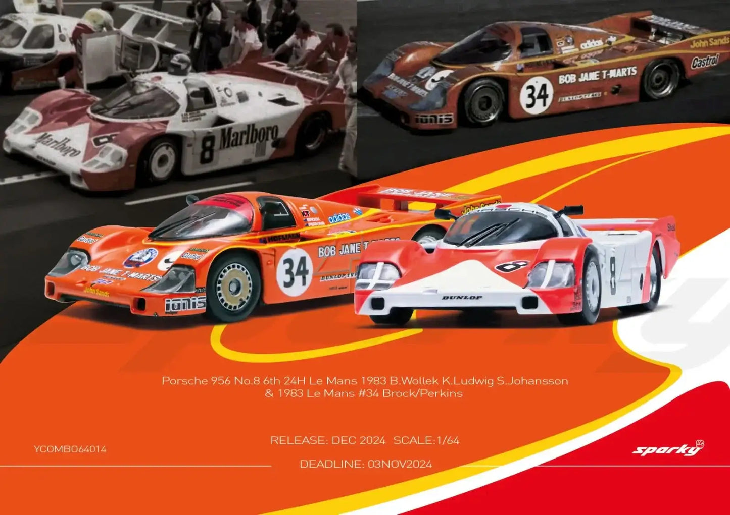 Spark Model Sparky x TinySparky 1/64 Porsche 956 No.8 6th 24H Le Mans 1983 B.Wollek K.Ludwig S.Johansson & 1983 Le Mans #34 Brock/Perkins Combo Set (Tiny Exclusive)