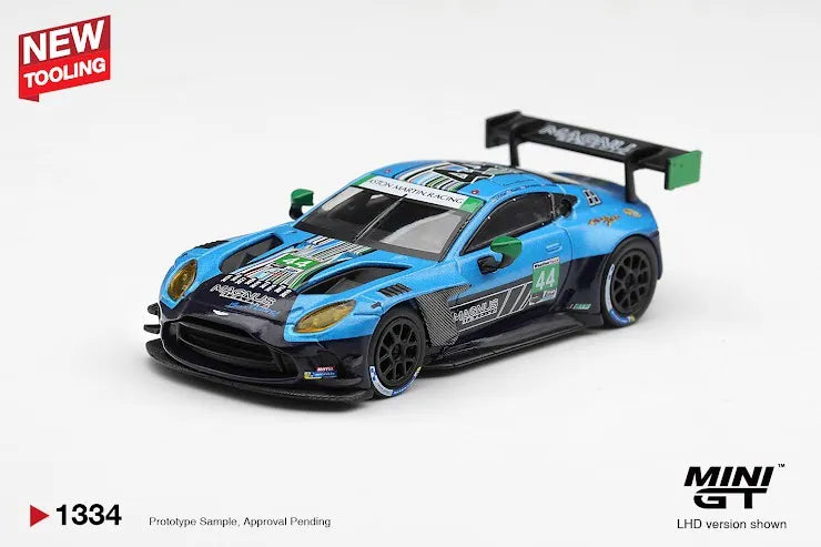 Mini GT #1334 Aston Martin Vantage GT3 Evo #44 Magnus Racing 2025 IMSA Daytona 24 Hrs