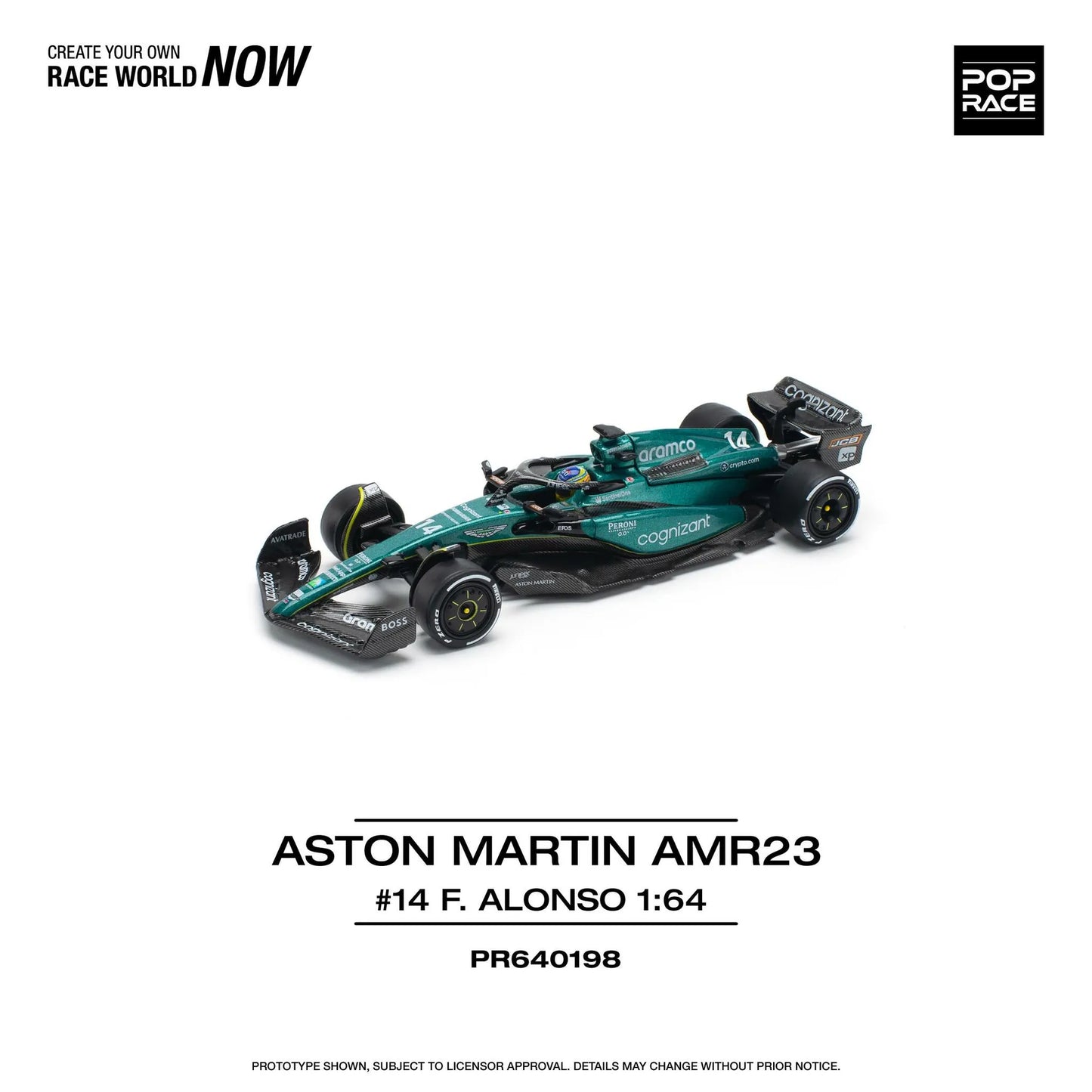 1:64 scale model of Aston Martin AMR23 race car in black color with sponsor decals, positioned on a white background with 'RACE WORLD NOW' and 'POPRACE' branding.