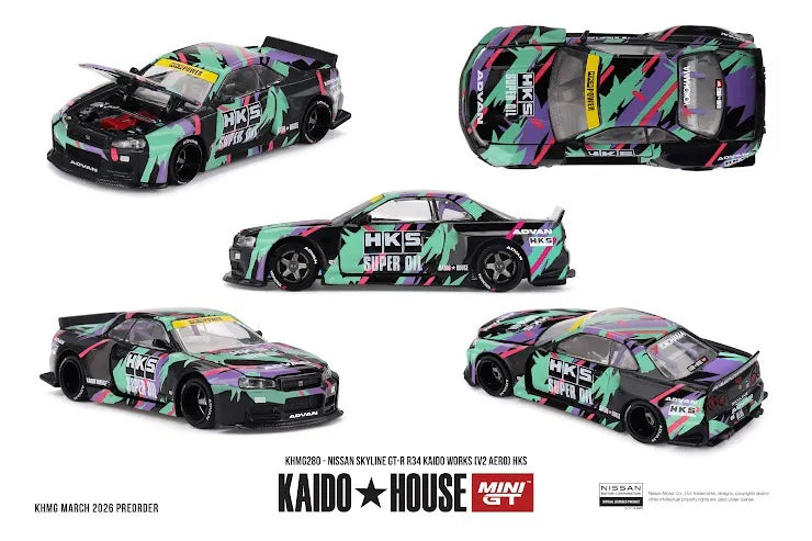 Mini GT x Kaido House #280 Nissan Skyline GT-R R34 Kaido Works (V2 Aero) HKS