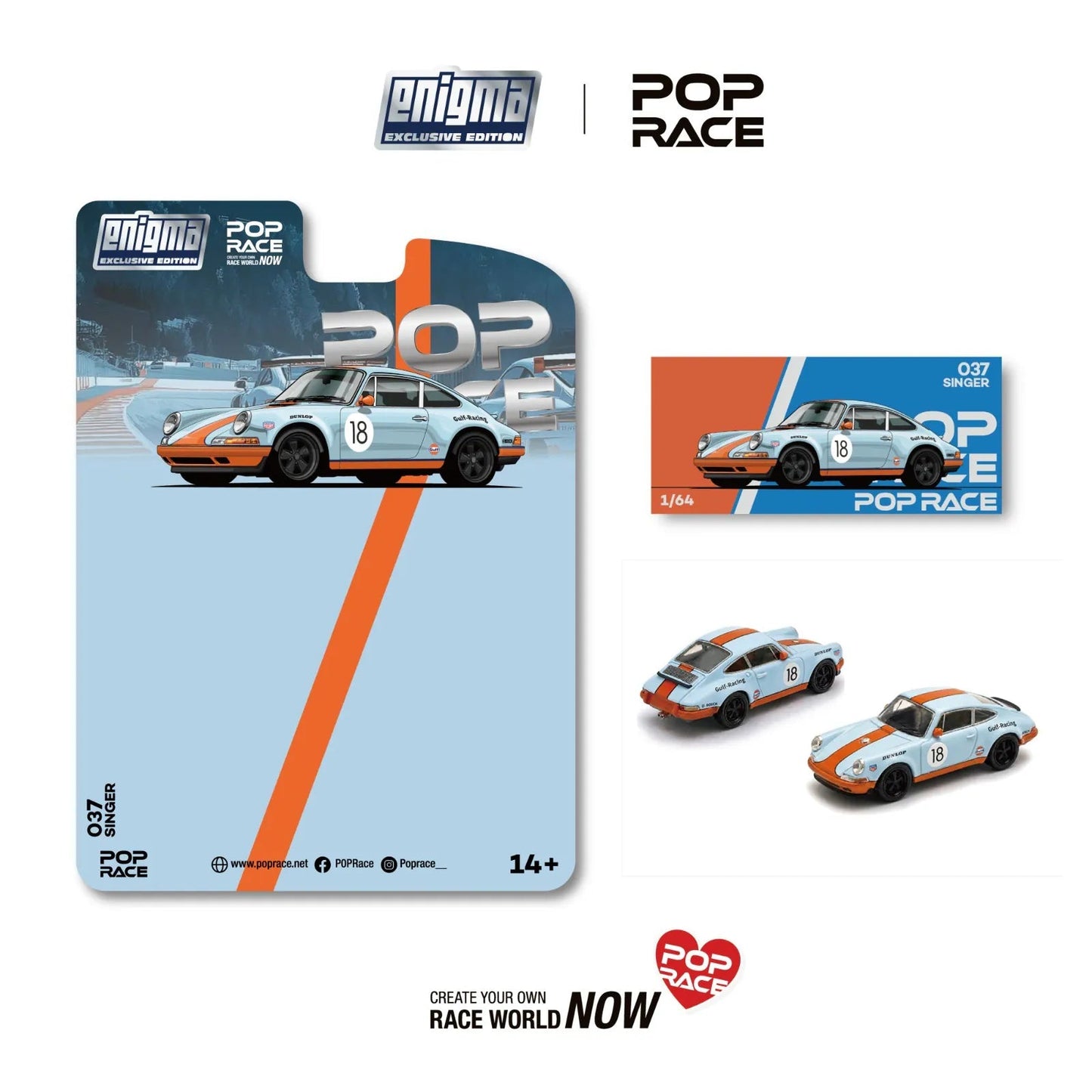 Pop Race PR-037 Singer Racing Gulf Blue Orange #18 Enigma Exclusive 1:64