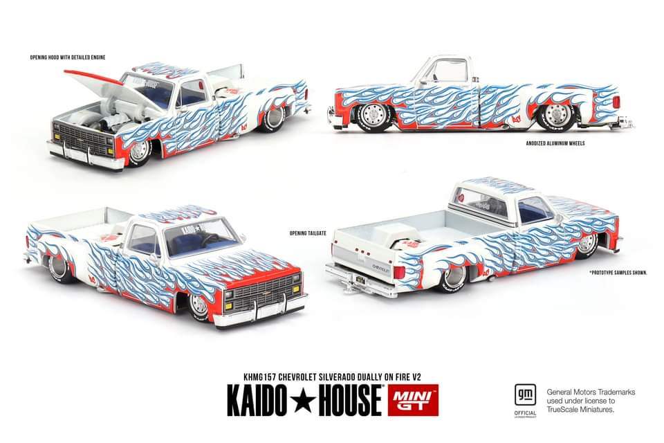 Mini GT Mini GT x Kaido House #157 Chevrolet Silverado Dually on Fire V2 KHMG157