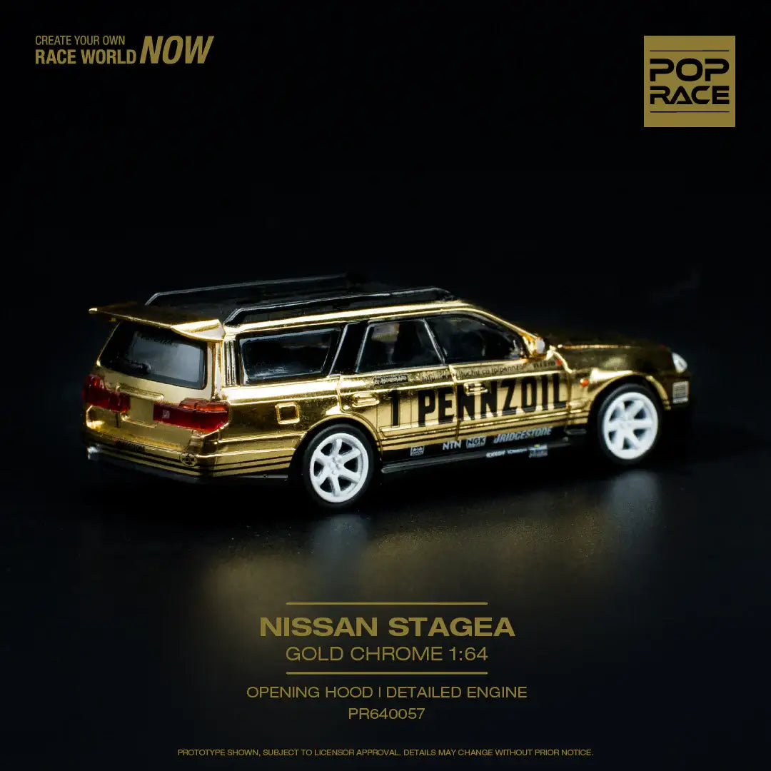 Pop Race 1:64 scale Nissan GT-R R34 STAGEA PENNZOIL Gold Chrome
