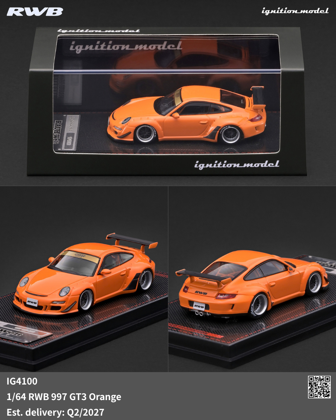 Ignition Model IG4100 RWB Porsche 997 GT3 Orange 1:64 model with display case