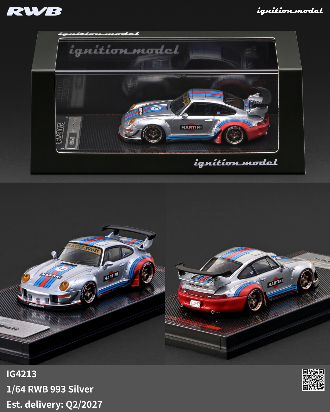 Ignition Model IG4213 RWB Porsche 993 Silver with Martini graphics 1:64 model and display case