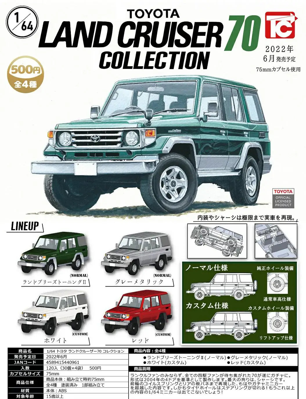 Toys Cabin Gashapon capsule Toys 1:64 Scale Toyota LANDCRUISER 70 Set of 4