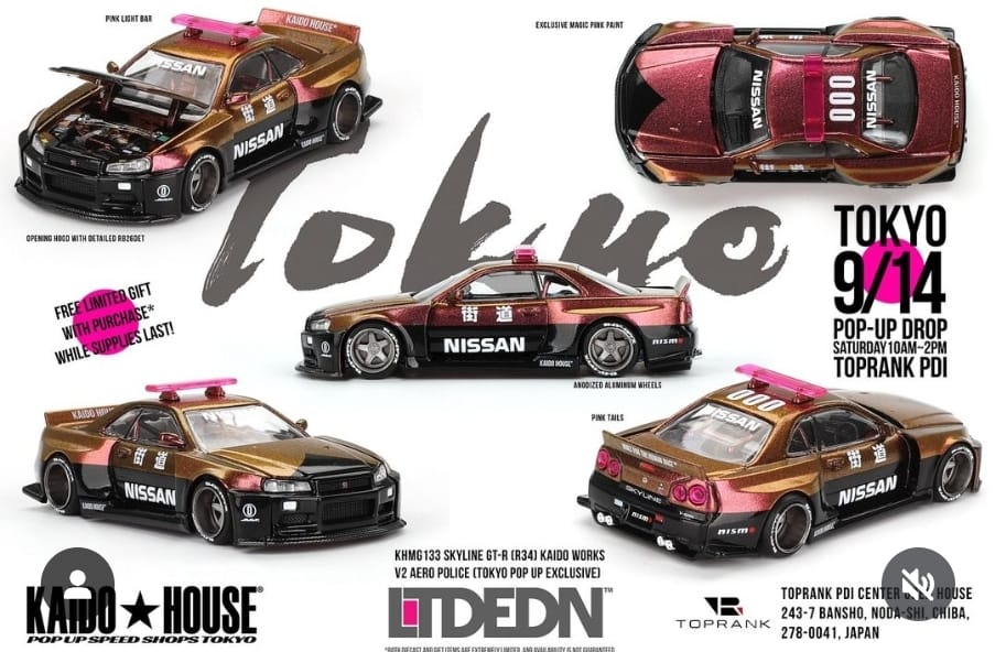 Mini GT x Kaido House Tokyo Pop Up Exclusive 2024 Nissan Skyline GT-R (R34) Kaido Works V2 Aero Police LTD EDN
