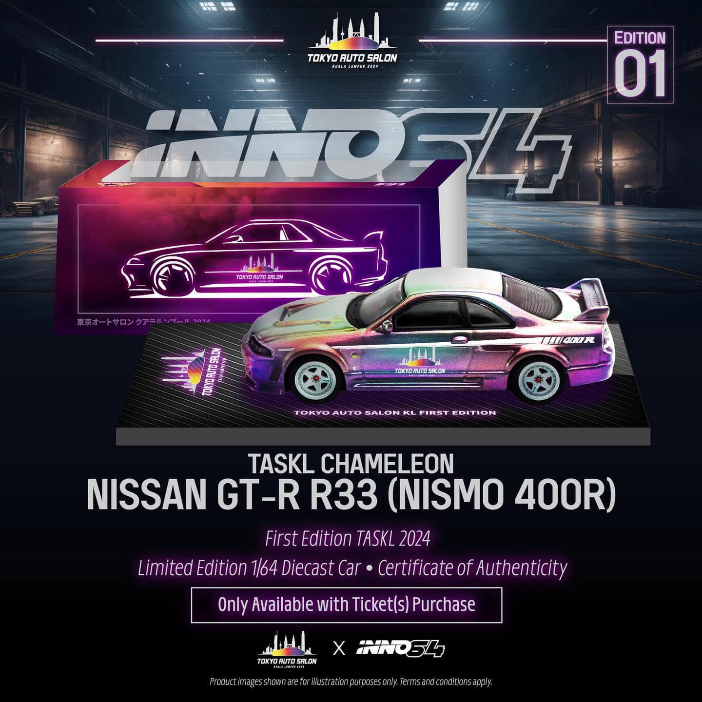 INNO64 1/64 Malaysia Auto Salon 24 Exclusive NISSAN SKYLINE GT-R (R33) Nismo 400R Chameleon with Certificate