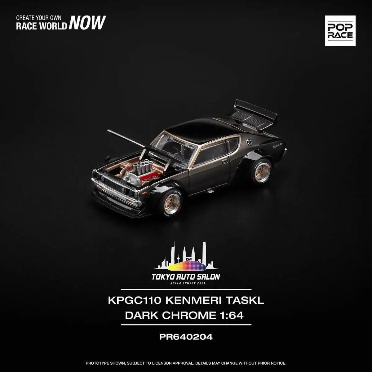 Pop Race 1/64 Tokyo Auto Salon 2024 Malaysia Exclusive SKYLINE GT-R V8 DRIFT (KENMERI) Dark Chrome