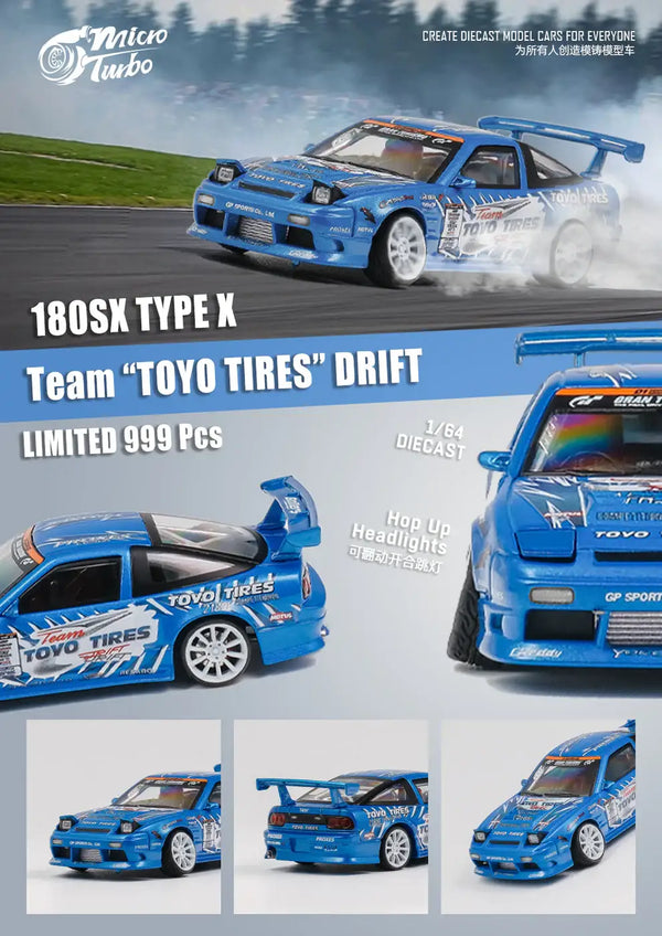 ミニカー Toyo Tires 180SX micro turbo 1/64 Micro turbo 1:64 Scale Custom Nissan 180SX - Metallic Blue