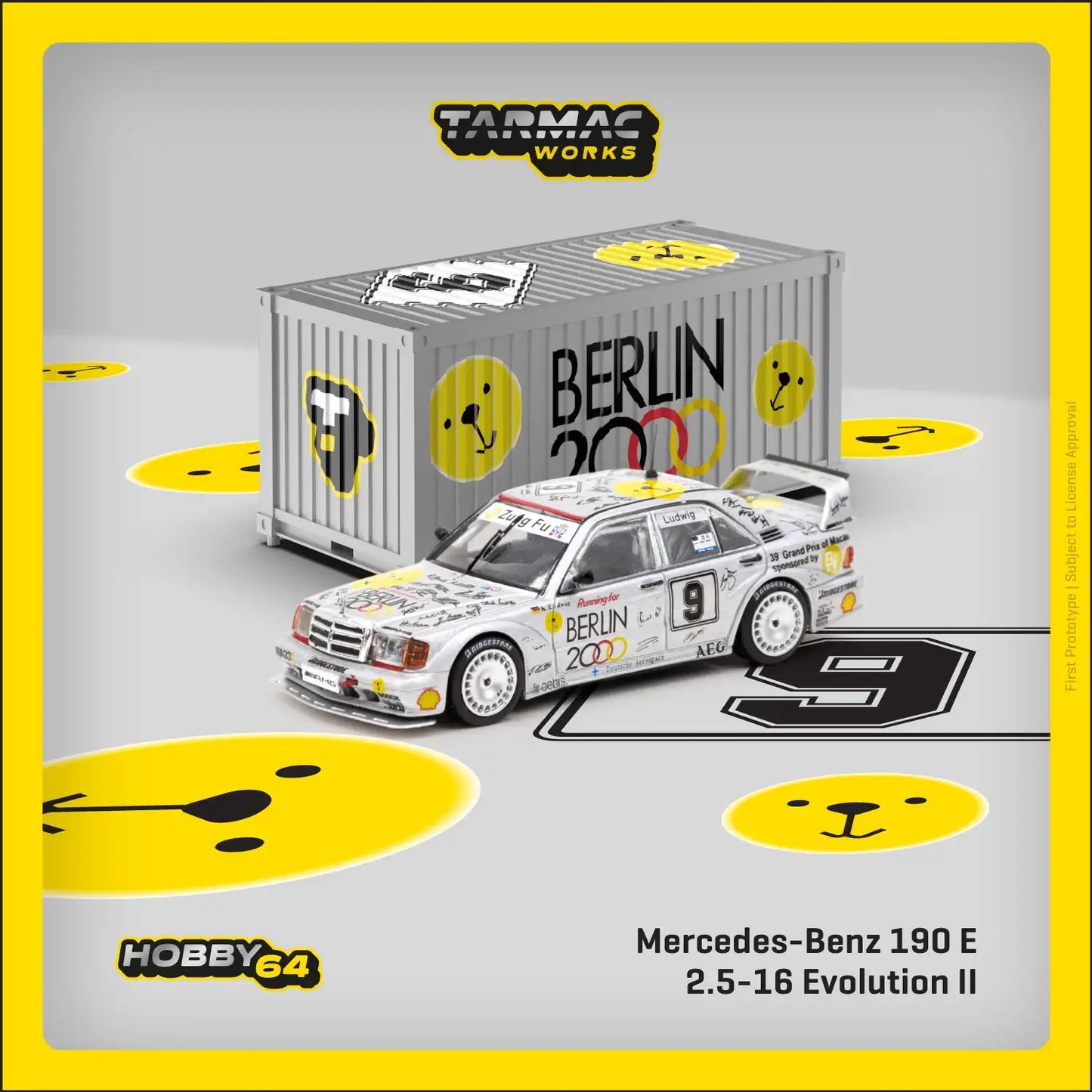 Tarmac Works 1:64 Scale Mercedes-Benz 190 E 2.5-16 Evolution II, Macau Guia Race 1992, K.Ludwig *** With Container ***