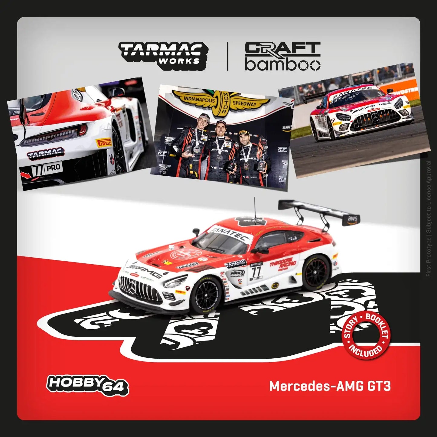 Tarmac Works 1/64 Scale Mercedes-AMG GT3 Indianapolis 8 Hour 2022 Winner Craft-Bamboo Racing R. Marciello / D. Juncadella / D. Morad