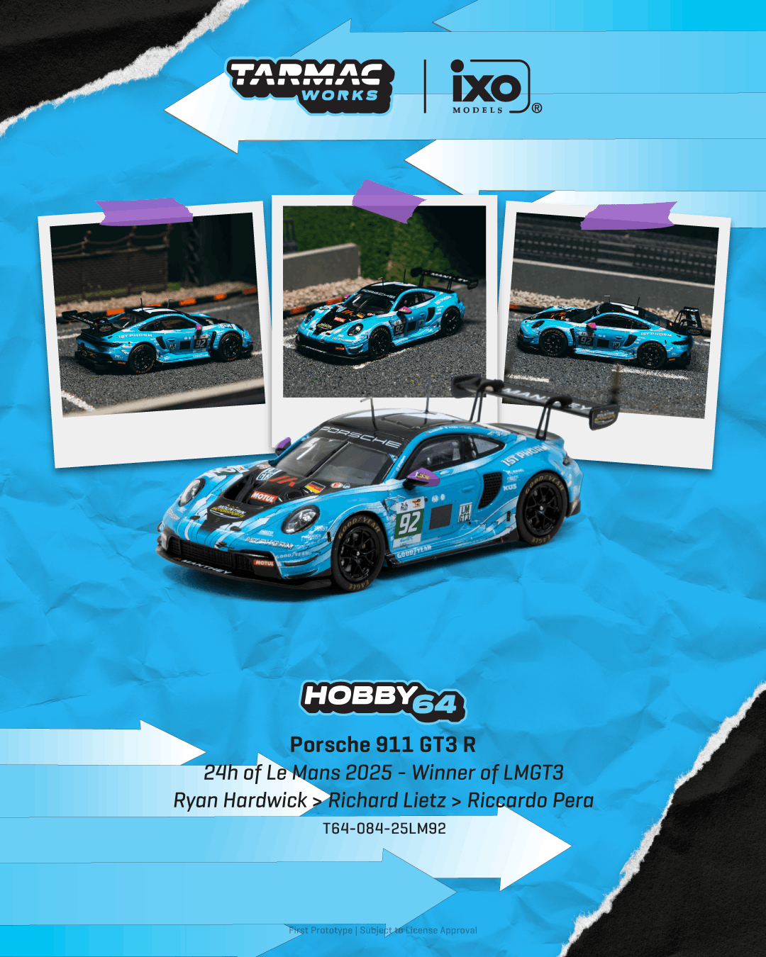 Tarmac Works T64-084-25LM92 Porsche 911 GT3 R 24h of Le Mans 2025 Winner LMGT3 Ryan Hardwick / Richard Lietz / Riccardo Pera