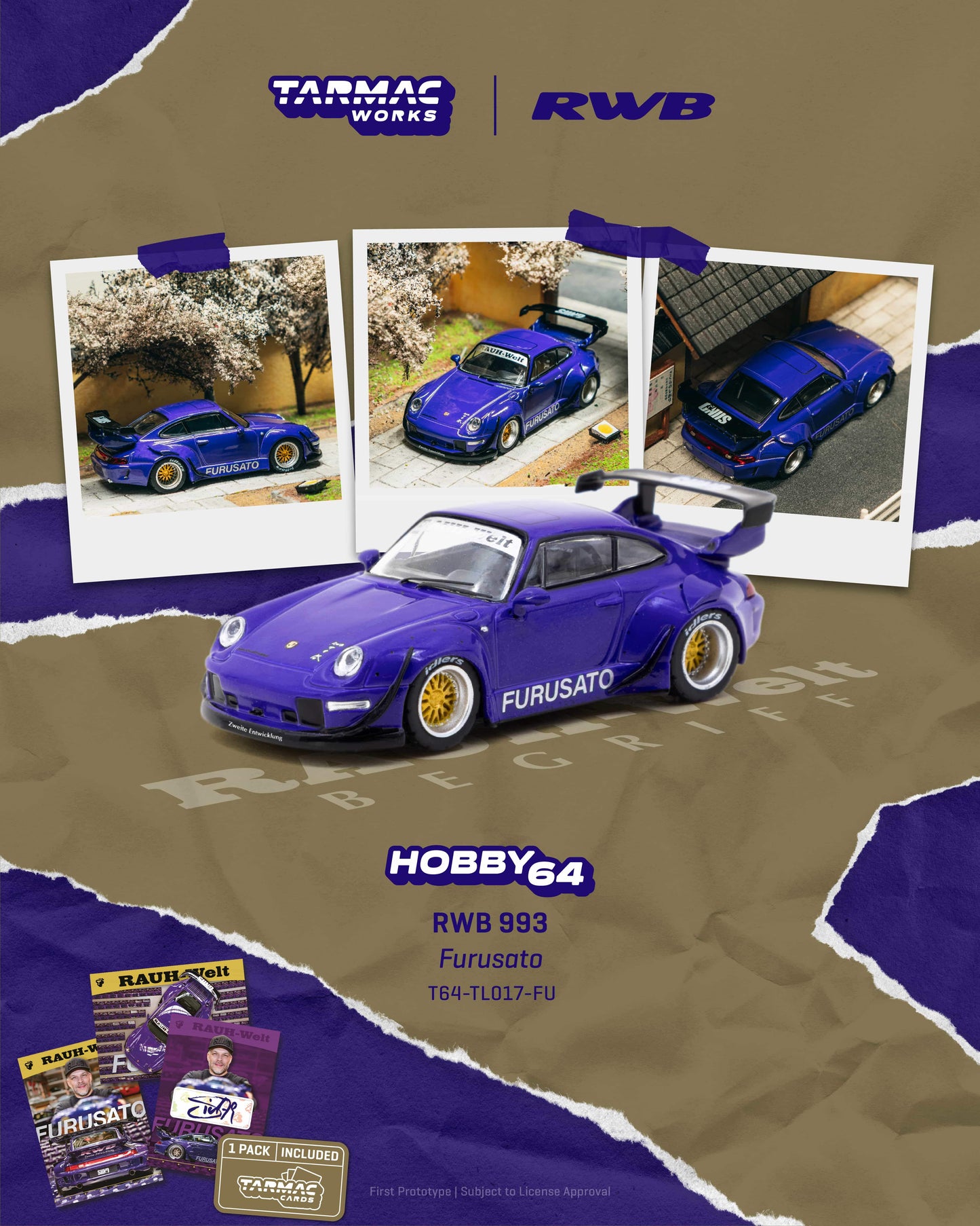 Tarmac Works 1:64 Scale RWB 993 Furusato Model Car + Trading Cards Combo Set