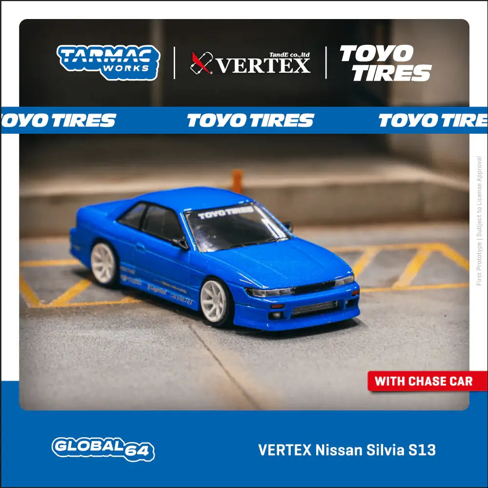 Tarmac Works X VERTEX 1:64 Scale Nissan Silvia S13 Blue Metallic TOYO TIRES T64G-025-BL