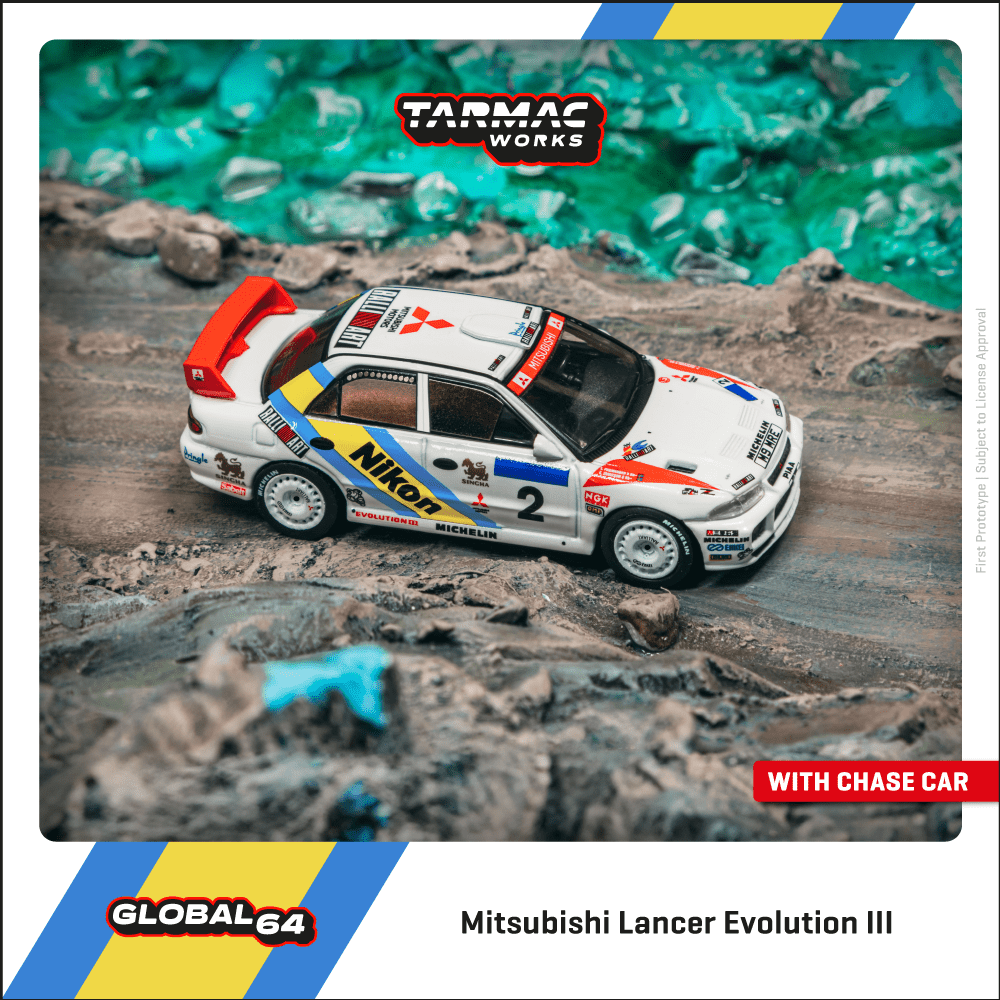 Tarmac Works 1:64 Scale Mitsubishi Lancer Evolution III Hong Kong-Beijing Rally 1995 Winner K. Eriksson / S. Parmander