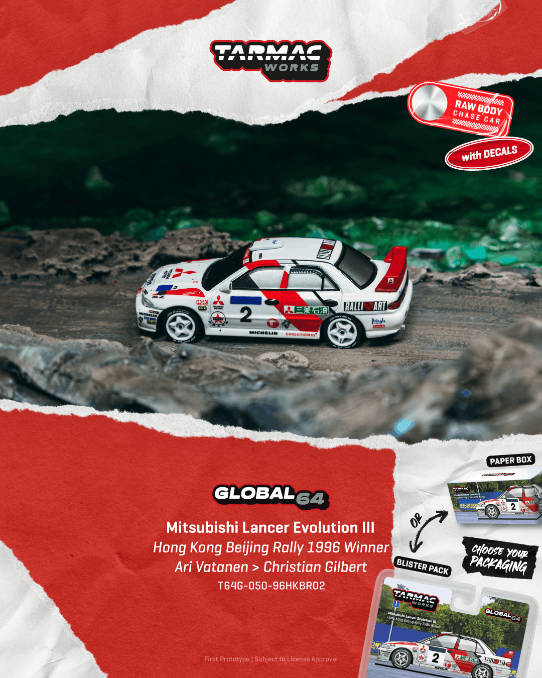 Tarmac Works T64G-050-96HKBR02 Mitsubishi Lancer Evolution III Hong Kong Beijing Rally 1996 Winner Global64