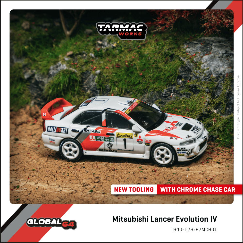 Tarmac Works 1:64 Scale Mitsubishi Lancer Evolution IV Rallye Monte-Carlo 1997 Tommi Mäkinen / Seppo Harjanne