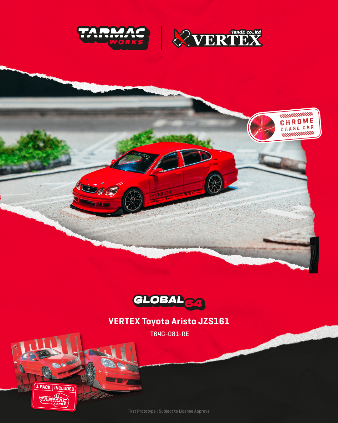 Tarmac Works 1:64 Scale VERTEX Toyota Aristo JZS161 (Red) - Model Car + Trading Cards Combo Set
