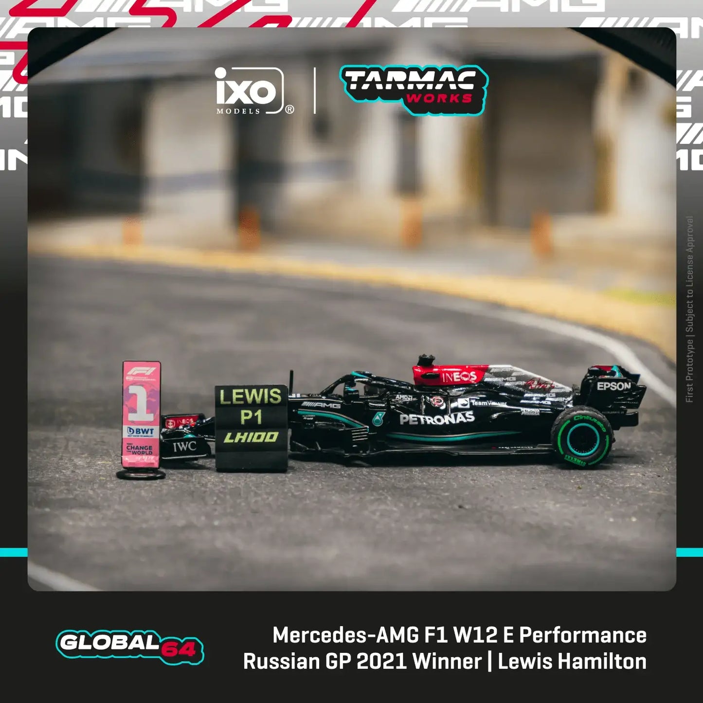 Tarmac Works 1:64 Scale Mercedes-AMG F1 W12 E Performance Russian Grand Prix 2021 Winner 100th Win - Lewis Hamilton
