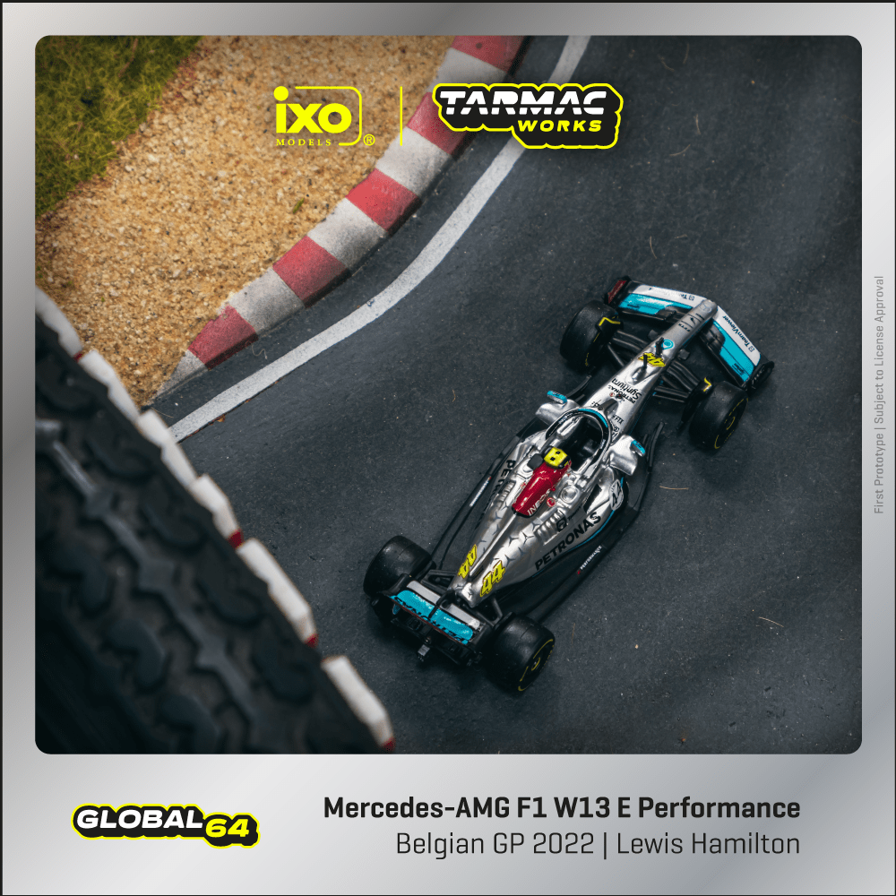 Tarmac Works 1:64 Scale Mercedes-AMG F1 W13 E Performance Belgian Grand Prix 2022 Lewis Hamilton T64G-F044-LH3