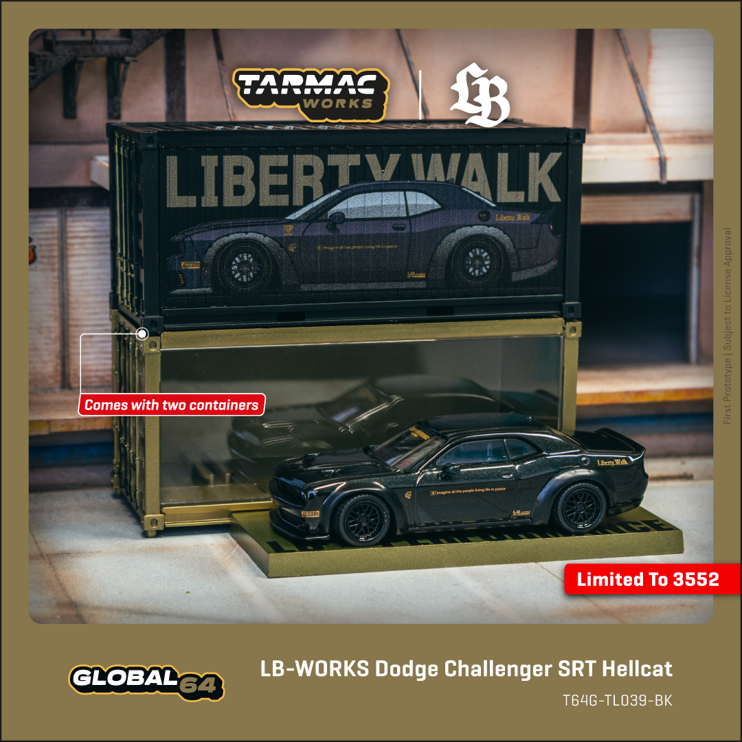 Tarmac Works 1:64 Scale LB-WORKS Dodge Challenger SRT Hellcat Black Metallic with 2 containers