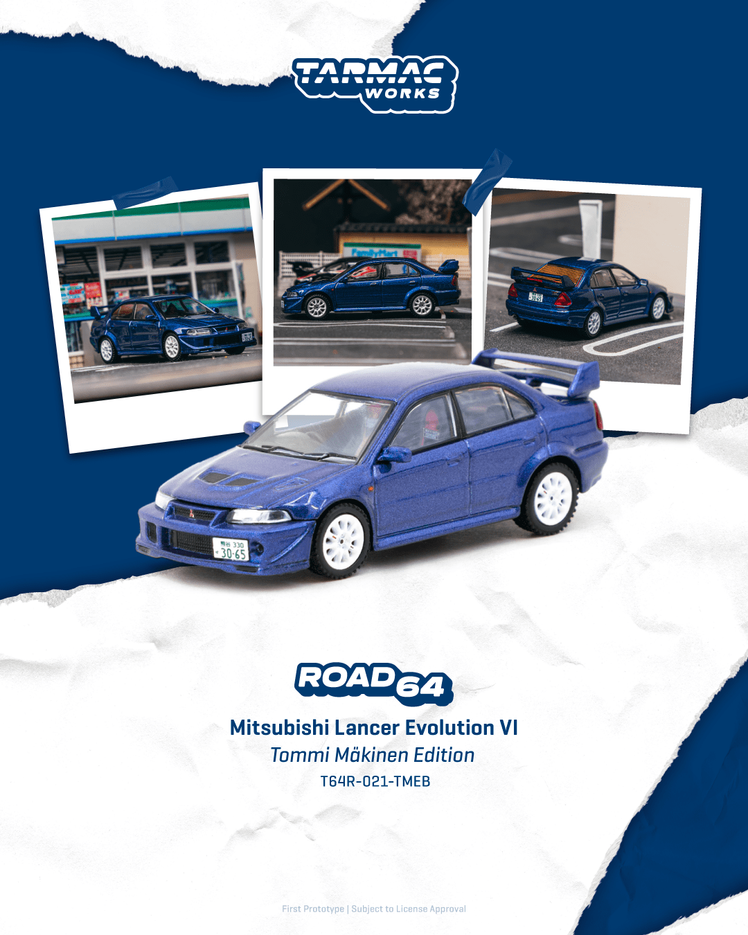Tarmac Works 1:64 Scale Mitsubishi Lancer Evolution VI Tommi Mäkinen Edition Blue