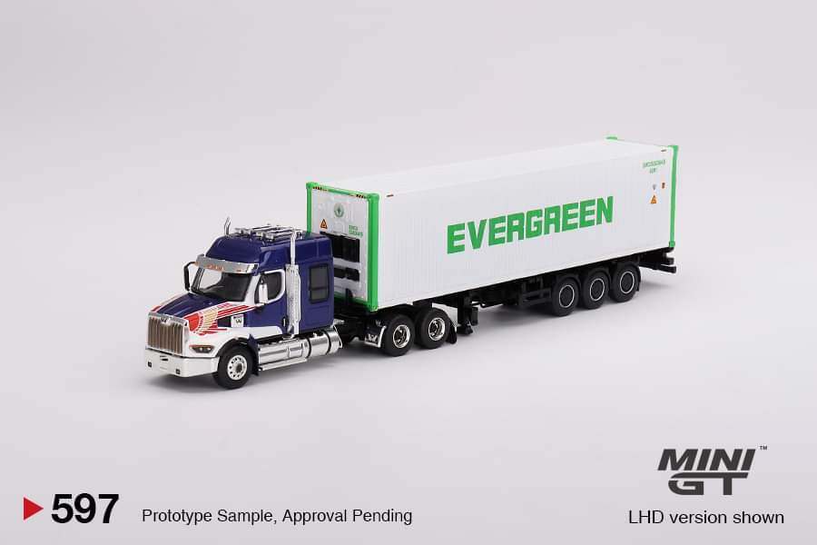 Mini GT MINI GT #597 1/64 Western Star 49X Blue w/ 40' Reefer Container "EVERGREEN"