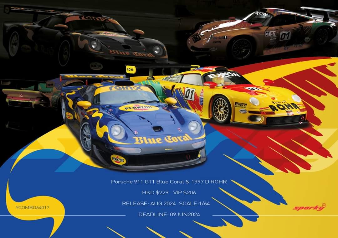 SPARKY X Tiny 1/64 Porsche 911 GT1 Blue Coral & 1997 D ROHR