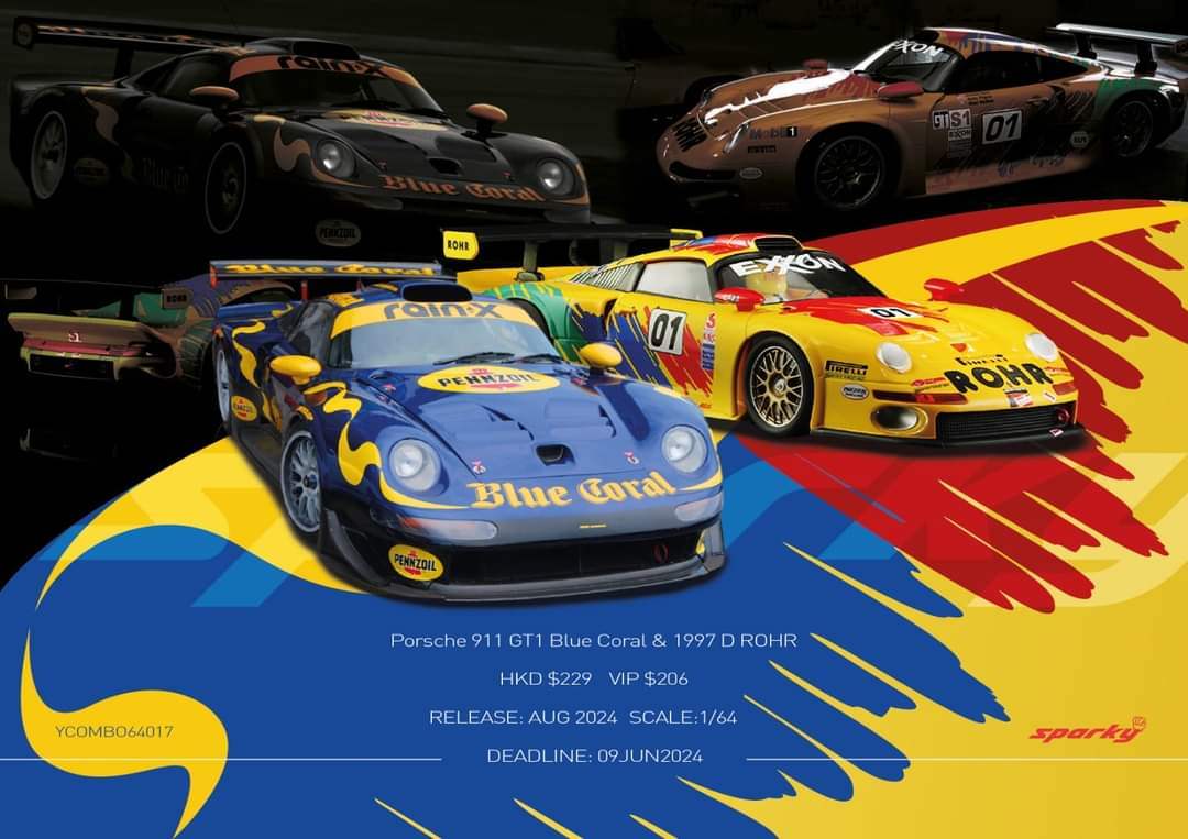 SPARKY X Tiny 1/64 Porsche 911 GT1 Blue Coral & 1997 D ROHR