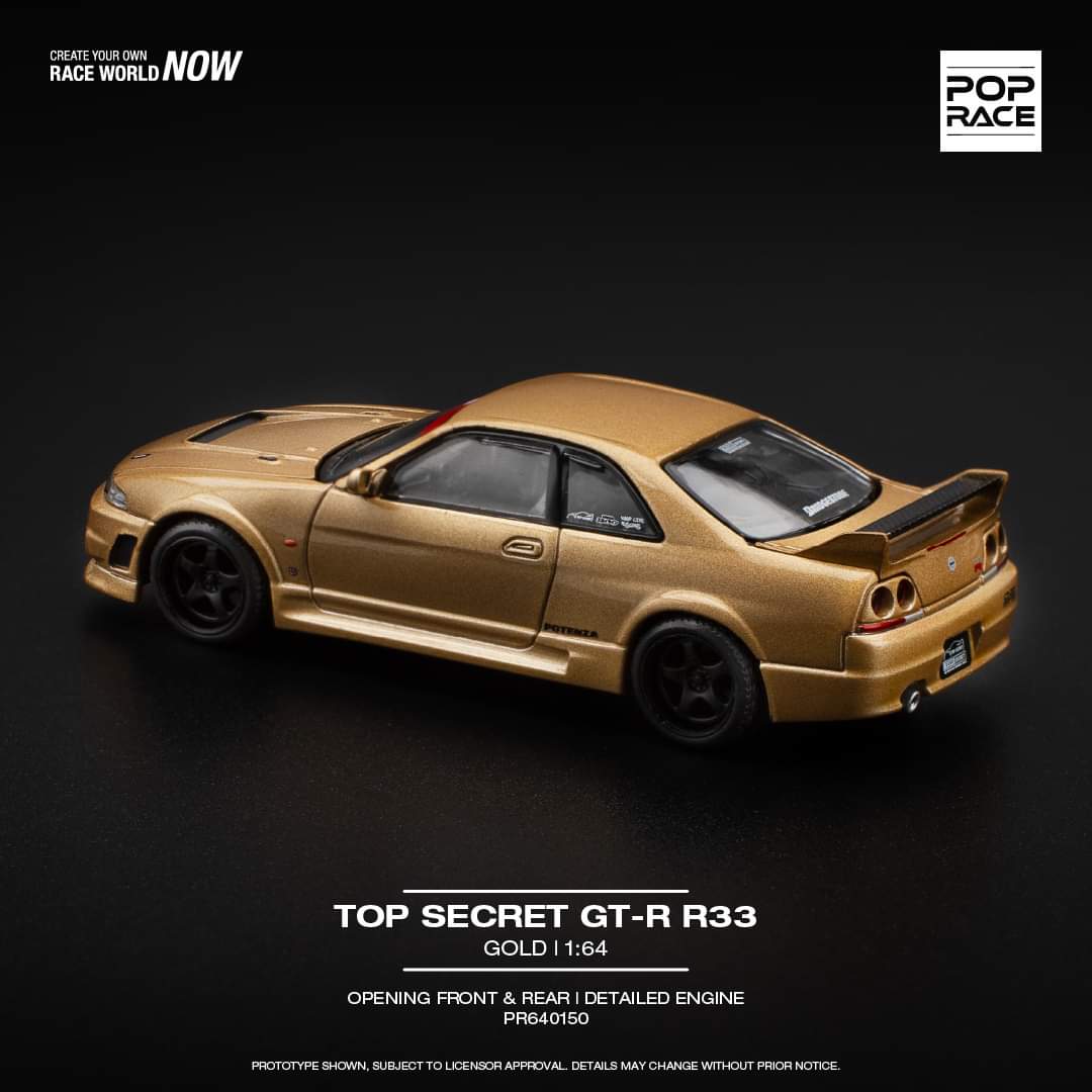 Pop Race 1:64 scale Nissan GT-R R33 TOP SECRET - GOLD Opening Front & Rear