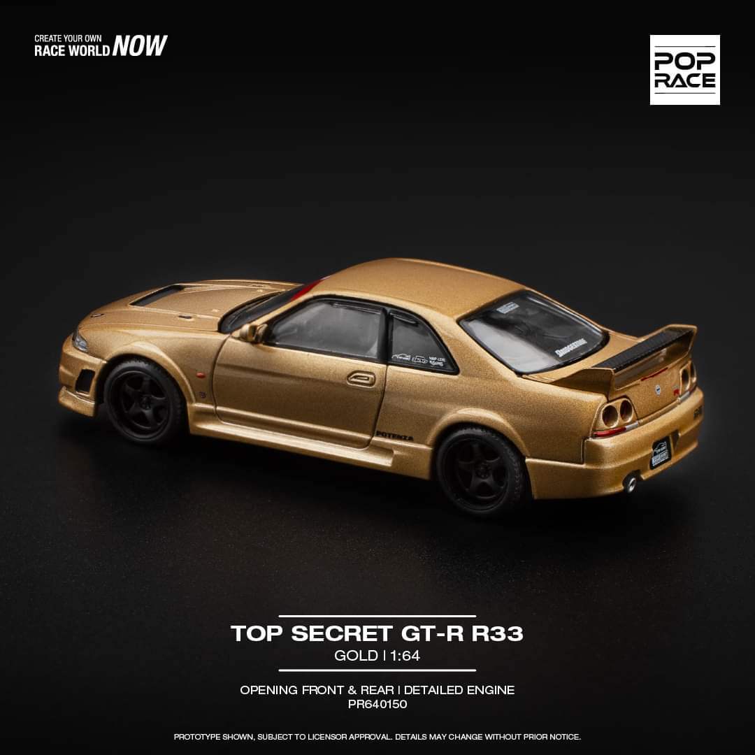 Pop Race 1:64 scale Nissan GT-R R33 TOP SECRET - GOLD Opening Front & Rear
