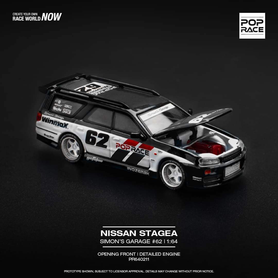 Pop Race Pop Race 1:64 scale BRE Nissan GT-R R34 Stagea SIM0N'S GARAGE #62 - BLACK Opening Front