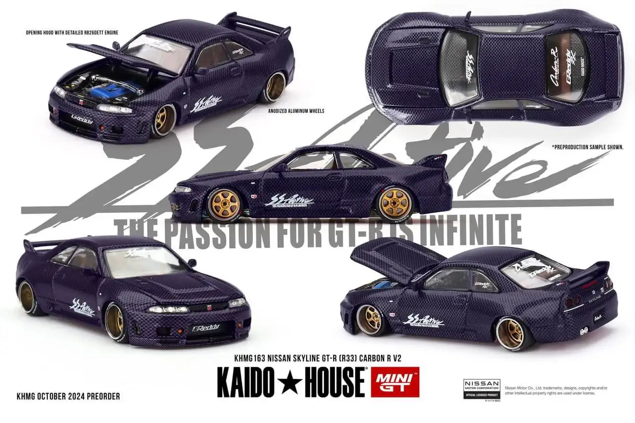 Mini GT Mini GT x Kaido House #163 Nissan Skyline GT-R (R33) Active Carbon R v2