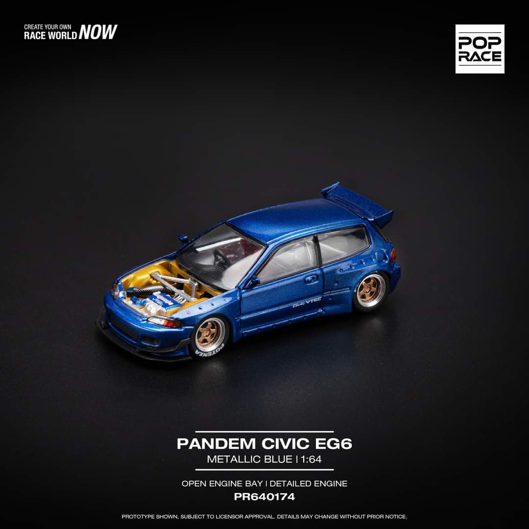 Pop Race 1/64 HONDA PANDEM CIVIC EG6 v1.5 METALLIC BLUE WITH OPEN HOOD