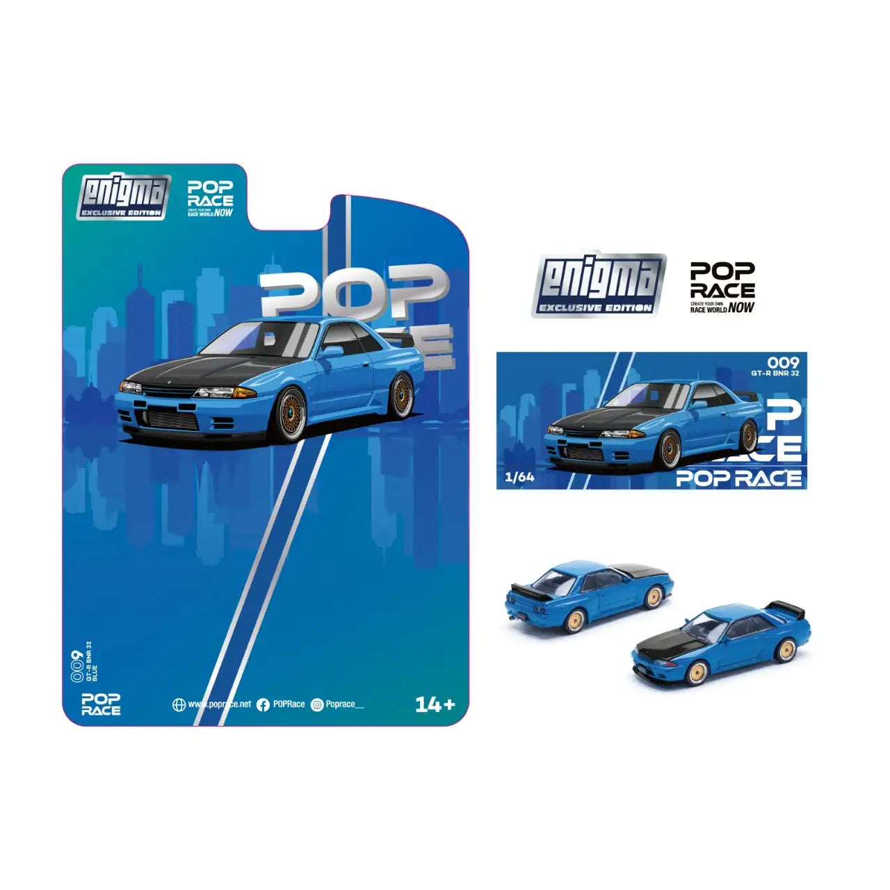 Pop Race x Enigma 1/64 Nissan Skyline R32 Bayside Blue Chase