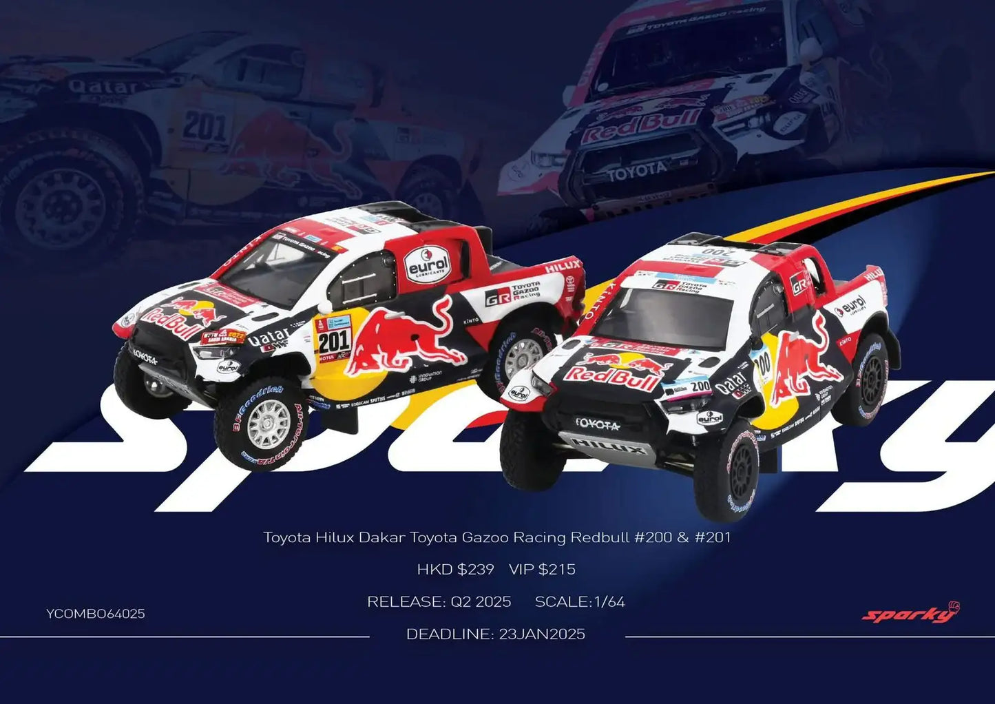 Spark Model Sparky x Tiny 1/64 Toyota Hilux Dakar Toyota Gazoo Racing Redbull #200 & #201 Combo Set (Tiny Exclusive)