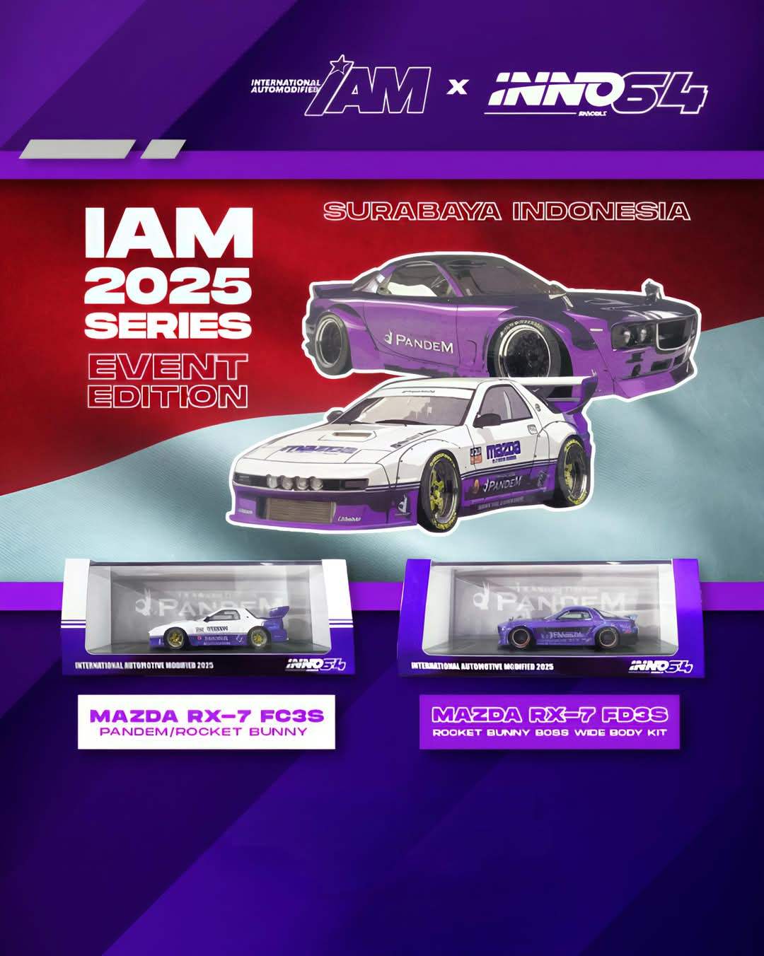 INNO64 1/64 IAM Indonesia 2025 Exclusive Set Mazda RX-7 Pandem Rocket Bunny & Boss Wide body kit