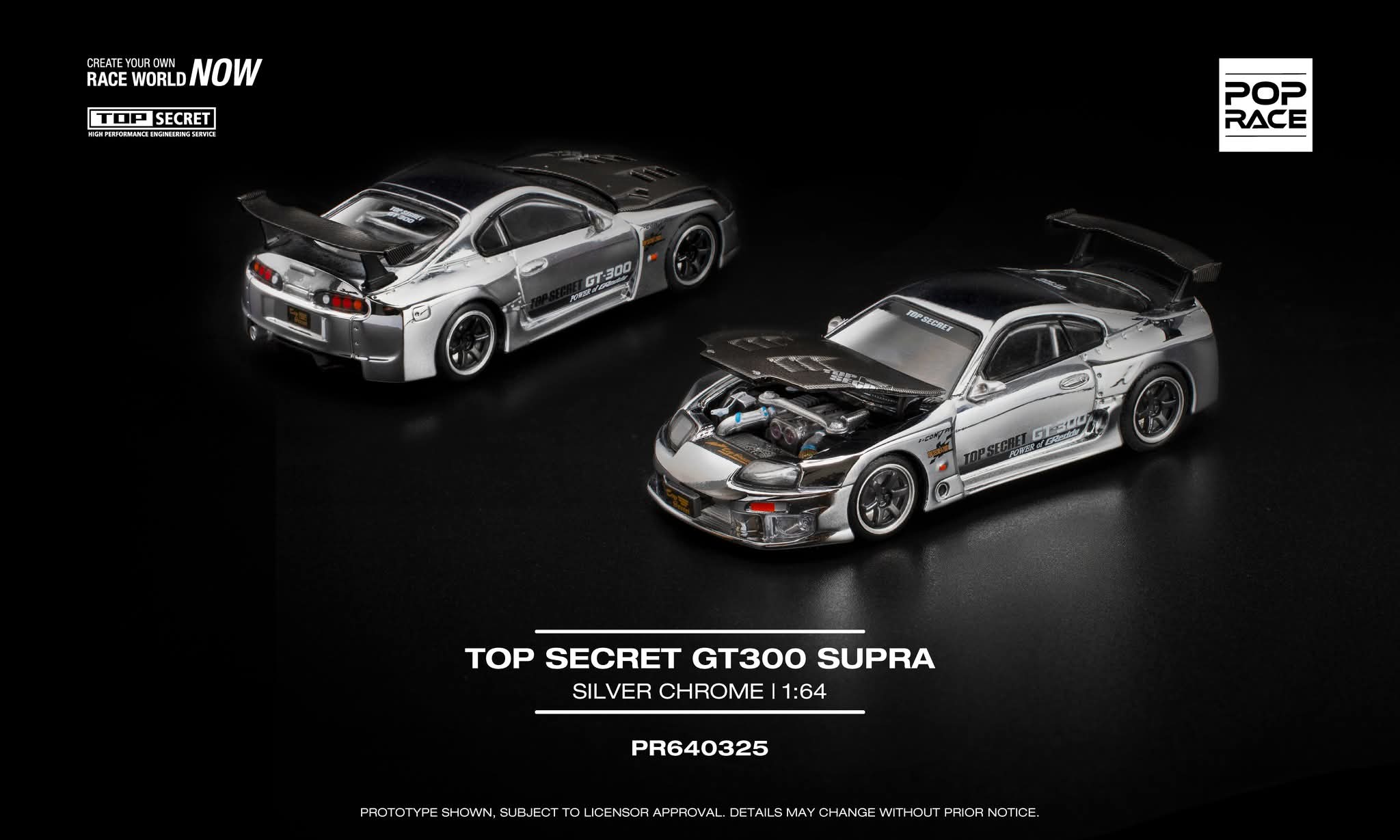 Pop Race 1:64 Top Secret GT300 Supra Silver Chrome Diecast
