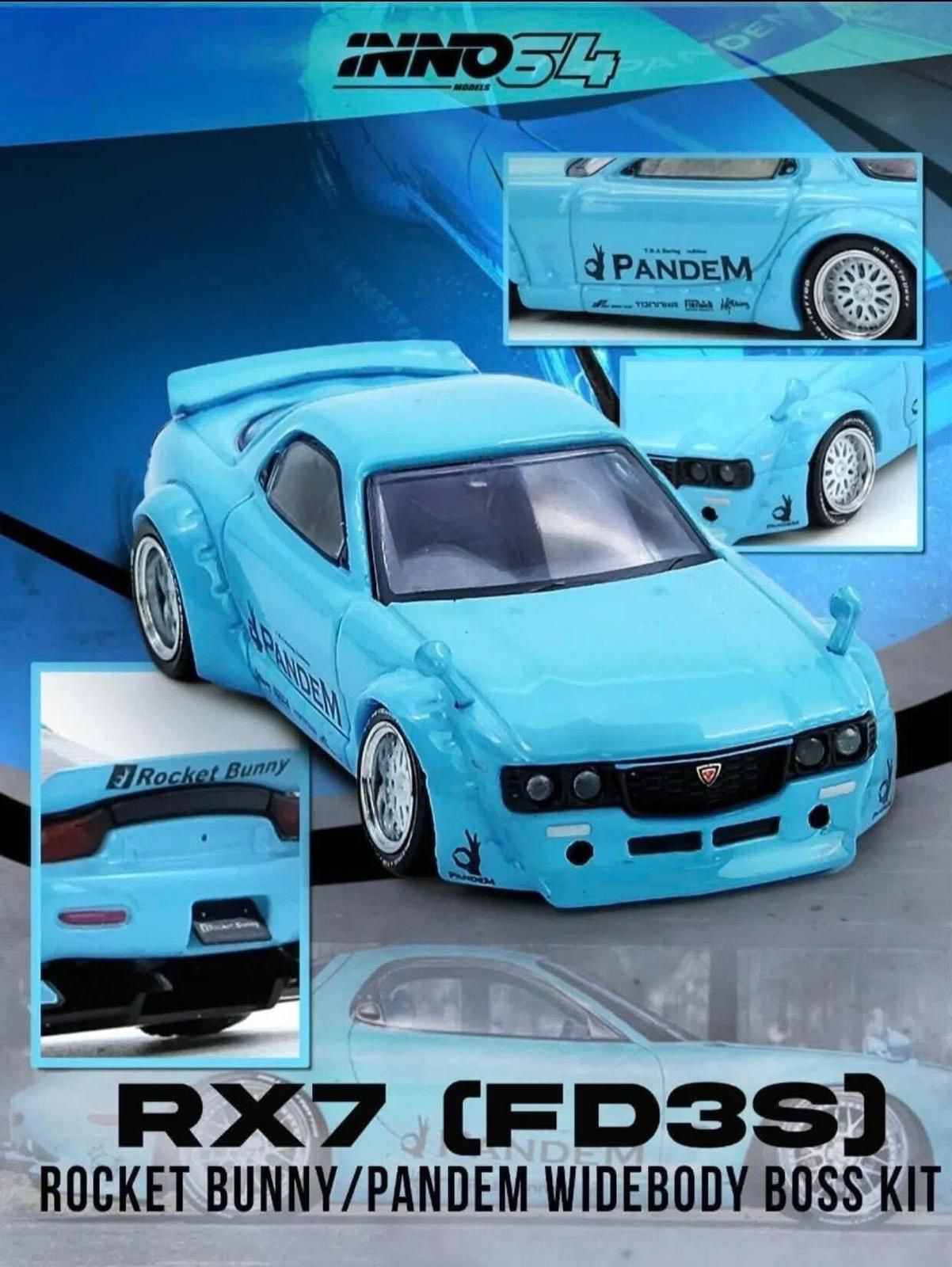 Inno64 1:64 Scale Mazda RX7 (FD3S) Rocket Bunny/Pandem Widebody Boss Kit Tiffany Blue