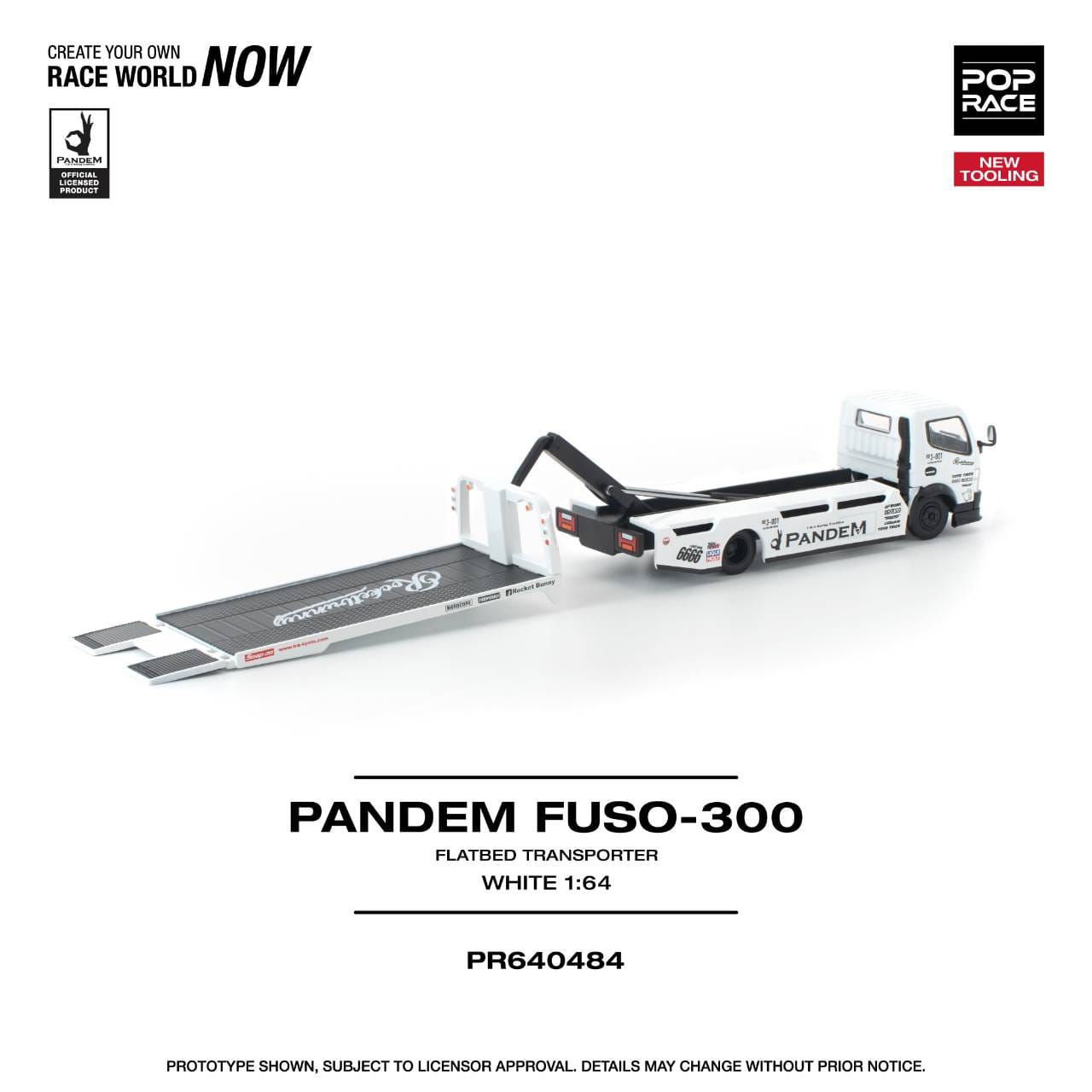 Pop Race 1:64 Scale Pandem FUSO 300 Flatbed Transporter White