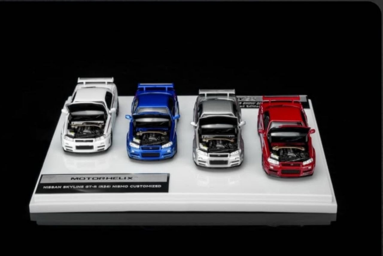 MotorHelix Nissan Skyline GT-R R34 4-Car Set TMCS26 Dinner Exclusive (Blue / Silver / Red)