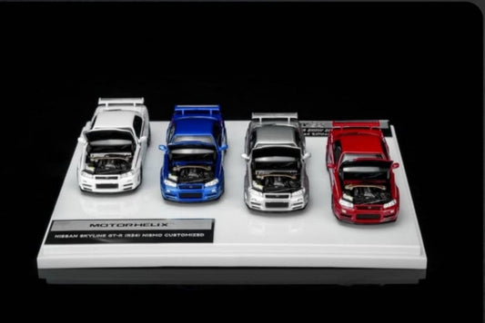MotorHelix Nissan Skyline GT-R R34 3-Car Set TMCS26 Dinner Exclusive (Blue / Silver / Red)