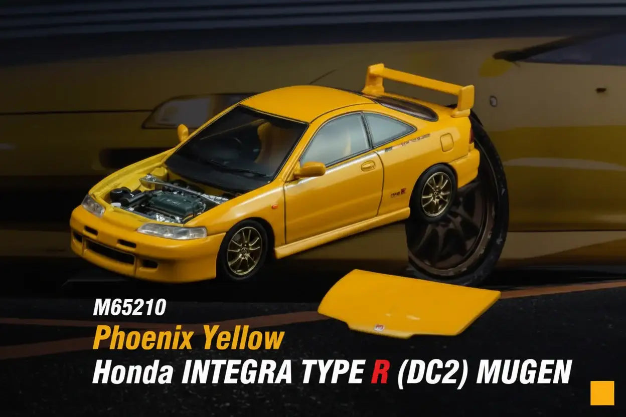 MOTORHELIX 1:64 Honda INTEGRA TYPE R in Phoenix Yellow, with MUGEN branding.