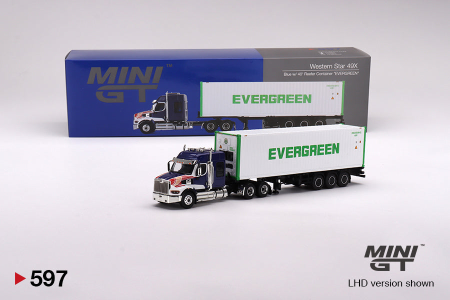 MINI GT 1/64 #597 Western Star 49X Blue w/ 40' Reefer Container "EVERGREEN"