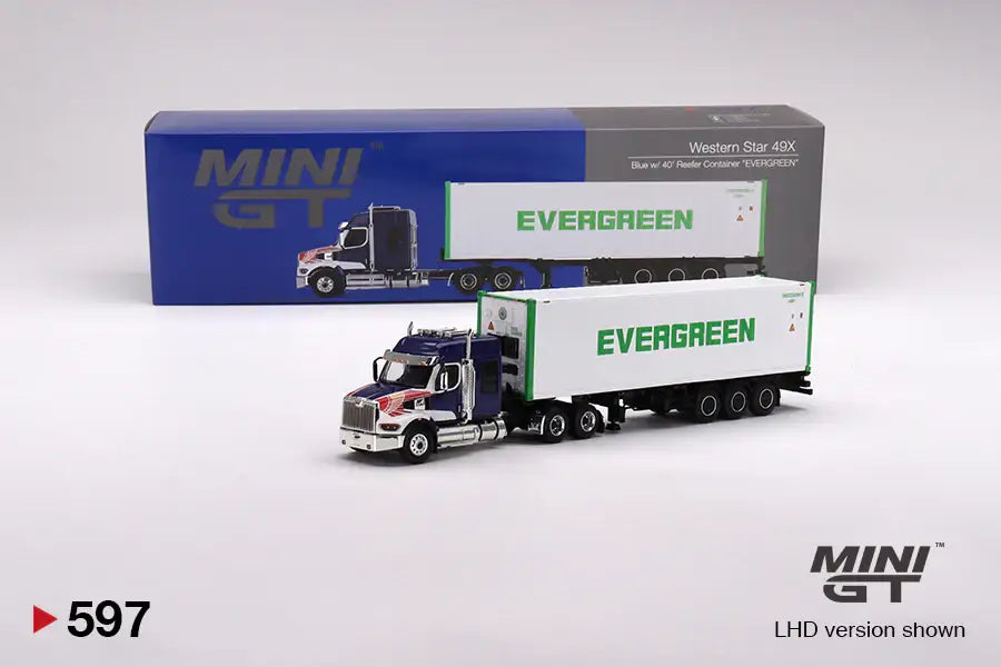 Mini GT MINI GT 1/64 #597 Western Star 49X Blue w/ 40' Reefer Container "EVERGREEN"