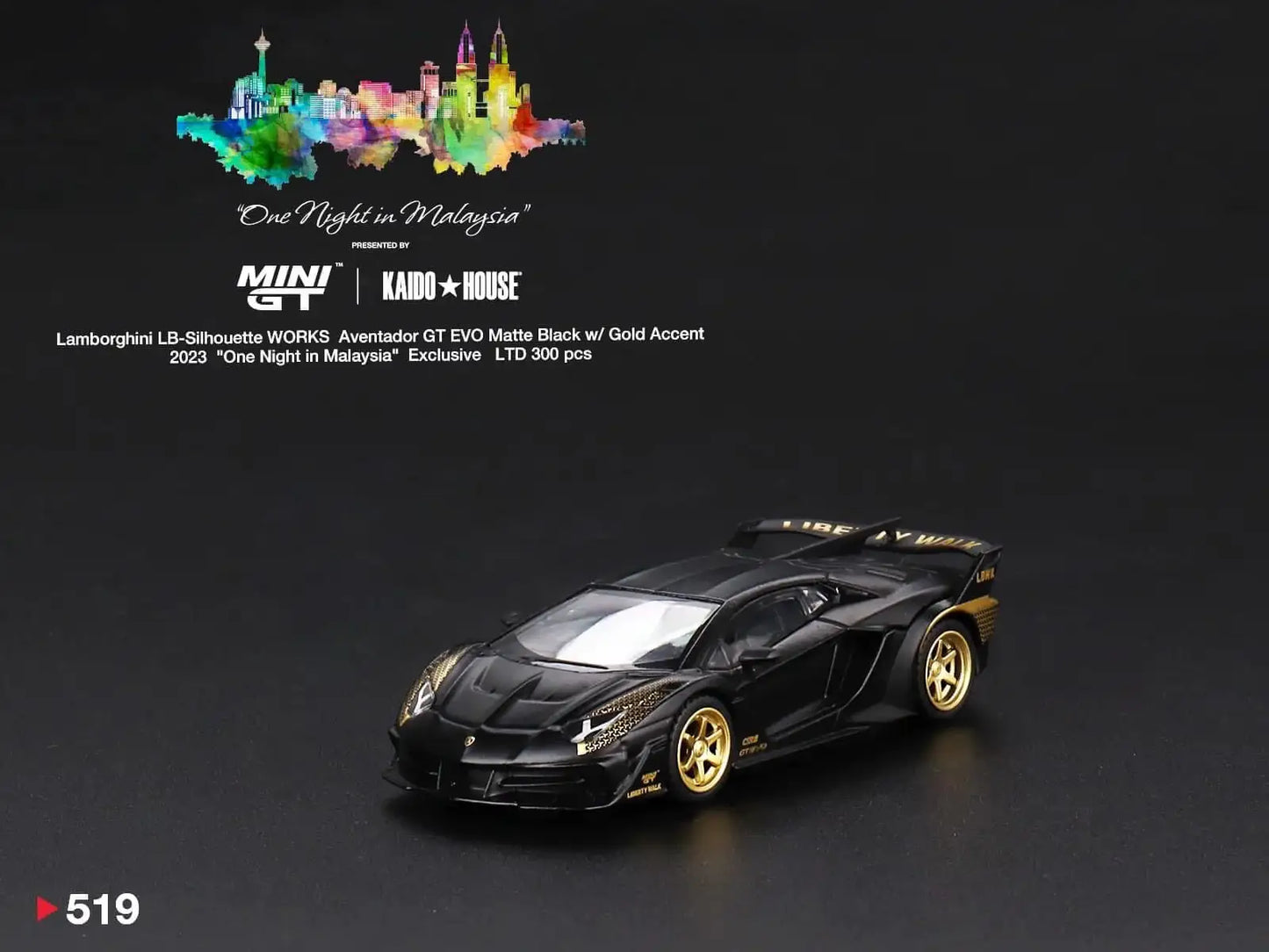 Mini GT Kaido House GT-R R34 (Dinner Car) + MINI GT #519 One Night in Malaysia exclusive Bundle Lamborghini LB-Silhouette WORKS Aventador GT EVO Matte Black w/ Gold Accent