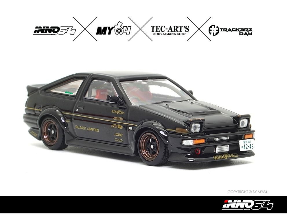 Inno64 1:64 Scale Toyota Sprinter Trueno AE86 Black Limited Tuned by Tec Art’s