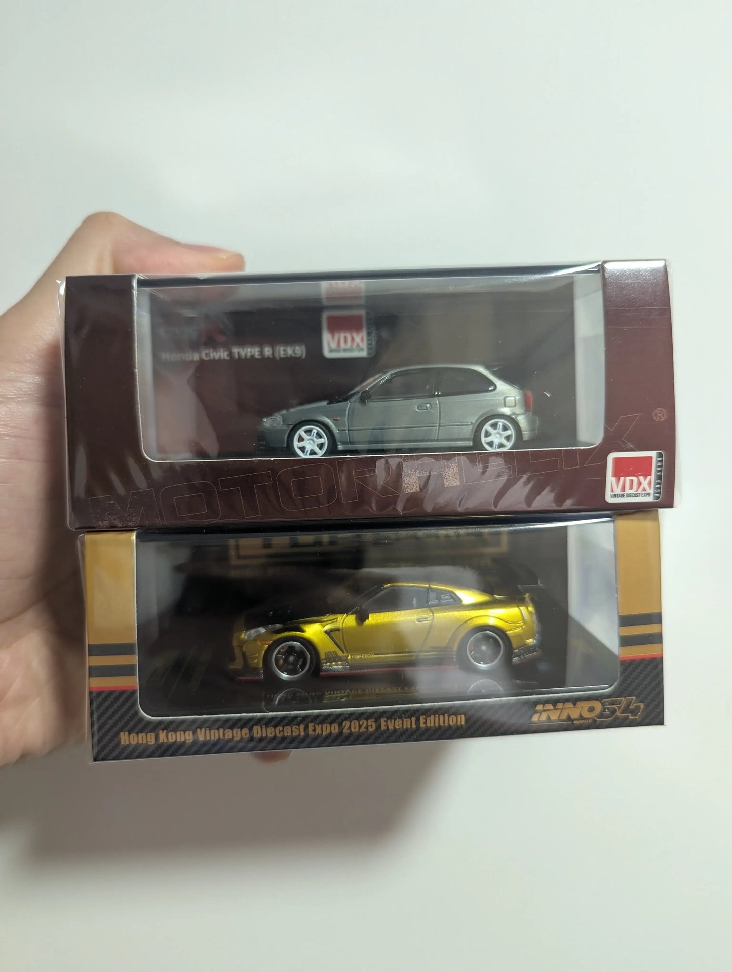 Inno64 + Motorhelix x Hong Kong Toycar Salon 2025 bundle set Nissan GT-R Top Secret Black Carbon & Honda Civic EK9